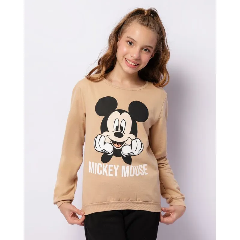 Blusão Moletom Juvenil Peluciado Disney Estampa Mickey Bege 12