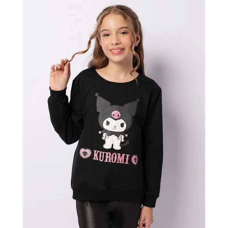 Blusão Moletom Juvenil Peluciado Estampa Kuromi Com Glitter Preto 16
