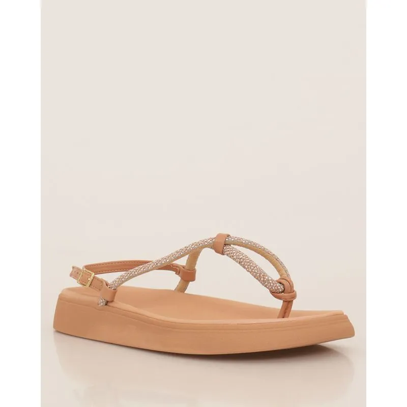 Sandália Rasteira Feminina Moleca Birken Tiras Com Strass Bege 34
