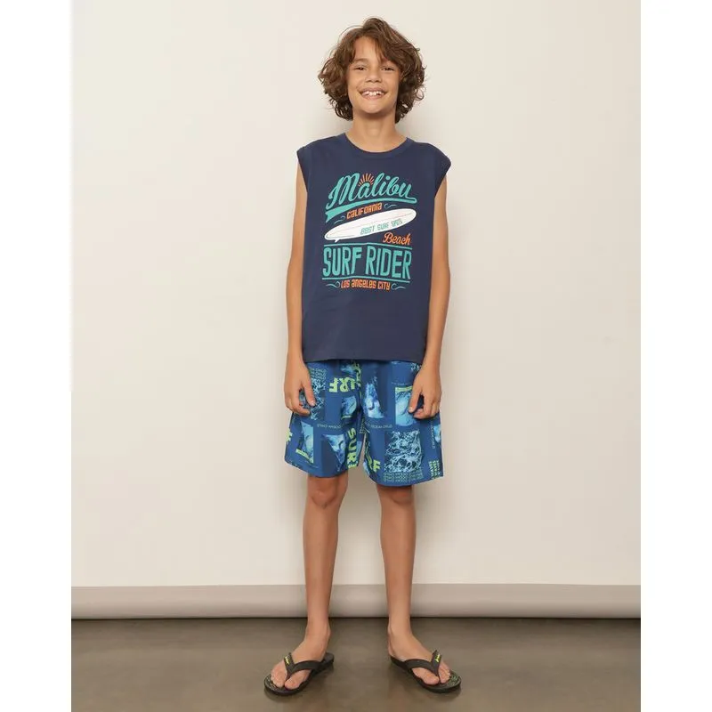 Bermuda Juvenil Reta Estampada Azul 16