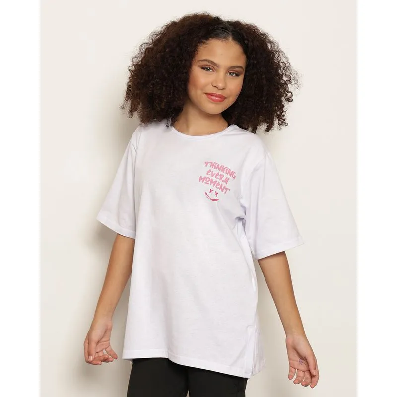 Blusa Juvenil Estampa Frontal E Posterior Com Fenda Manga Curta Branca 10