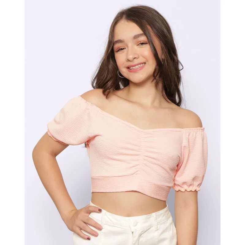 Blusa Cropped Juvenil Ciganinha Manga Bufante Rosa 16