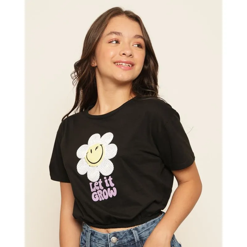 Blusa Cropped Juvenil Estampa Flor Com Paetê Manga Longa Preta 14