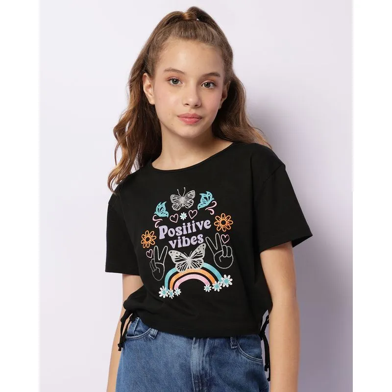 Blusa Juvenil Cropped Estampa Positive Com Amarração Preta 14
