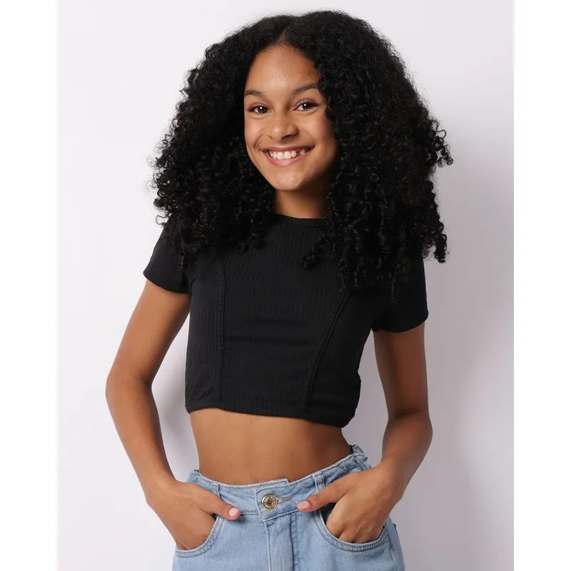 Blusa Juvenil Cropped Manga Curta Canelada Preta 16