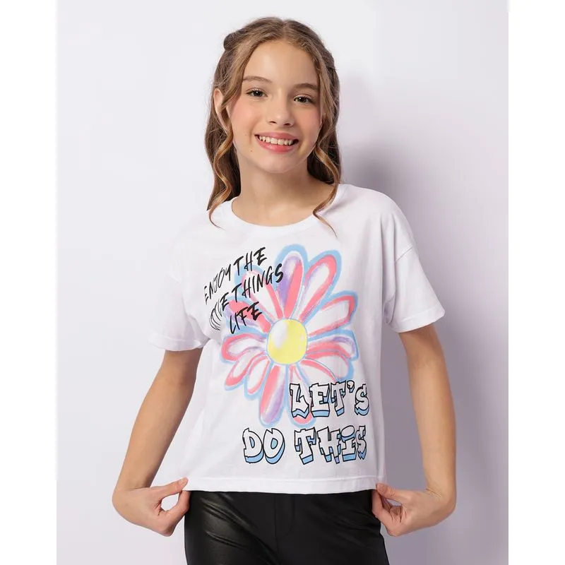 Blusa Juvenil Cropped Estampa Flor Manga Curta Branca 16