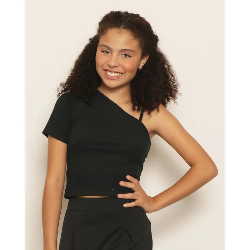 Blusa Cropped Juvenil Canelada Um Ombro Só Com Glitter Preta 10
