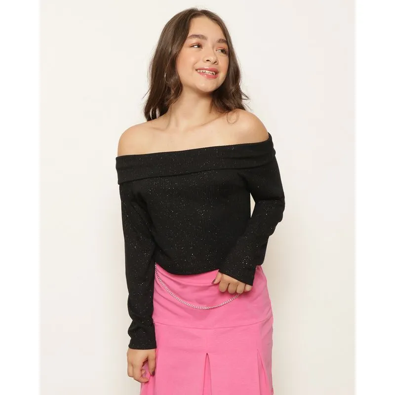 Blusa Juvenil Ombro A Ombro Canelada Brilhos Preta 16