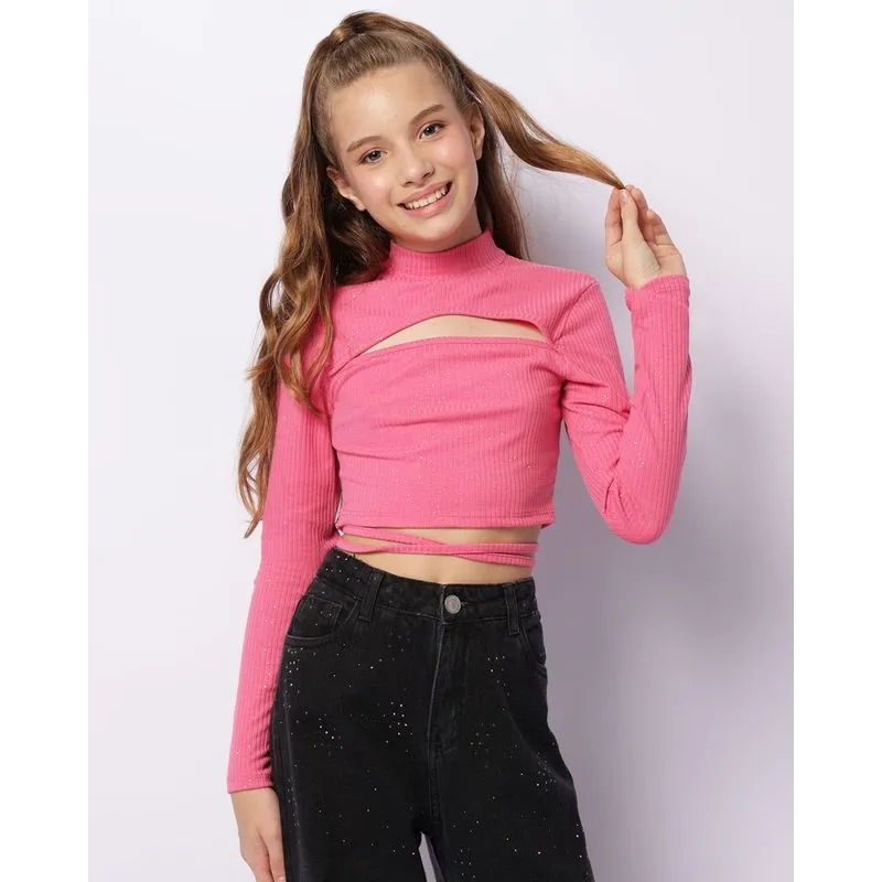 Blusa Juvenil Cropped Com Recorte Vazado Glitter Manga Longa Rosa 12