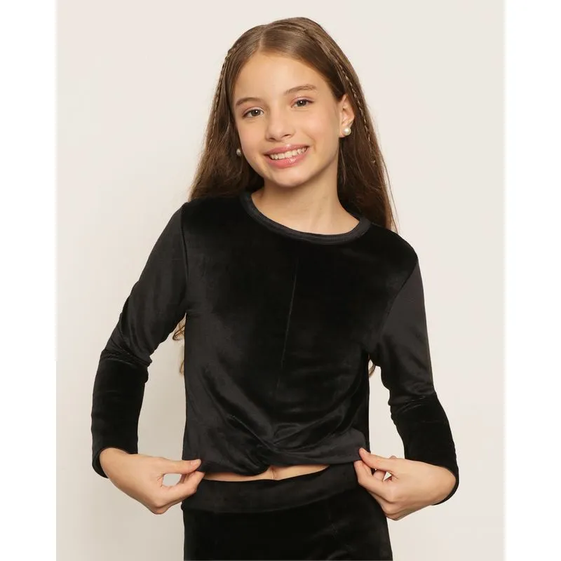 Blusa Juvenil Cropped Manga Longa Cotelê Preta 16