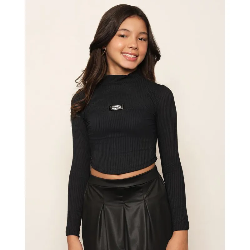 Blusa Cropped Juvenil Canelada Gola Alta Com Aplicação Preta 10