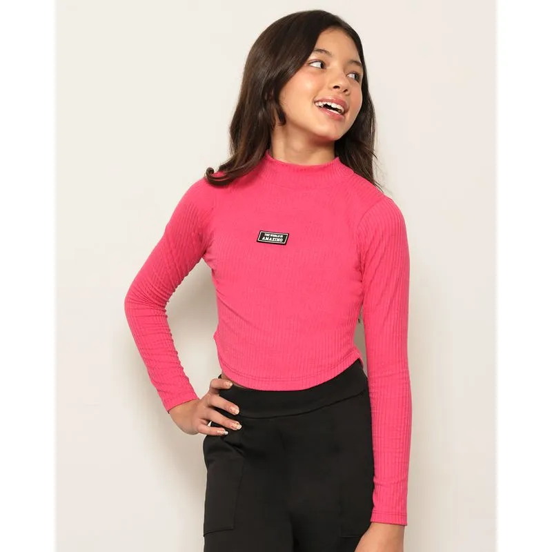 Blusa Cropped Juvenil Canelada Gola Alta Com Aplicação Rosa 12