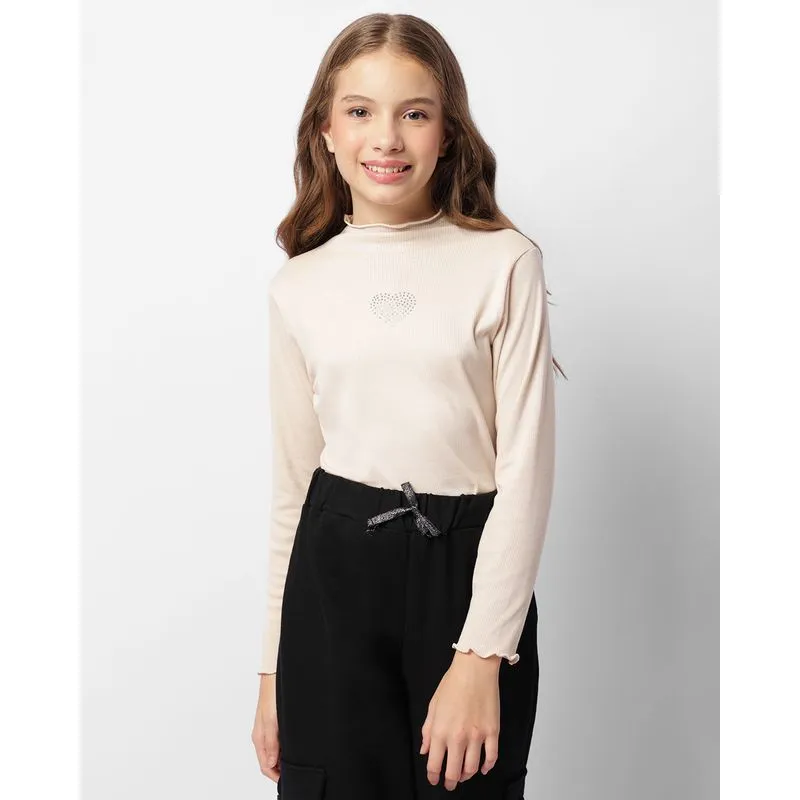 Blusa Juvenil Manga Longa Canelada Brilhos Bege 14