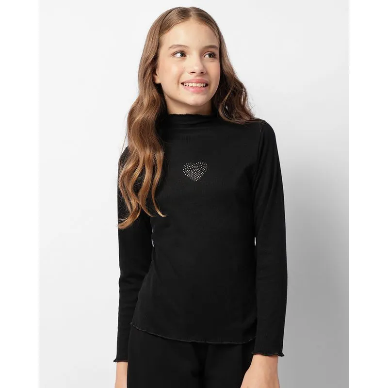 Blusa Juvenil Manga Longa Canelada Brilhos Preta 14