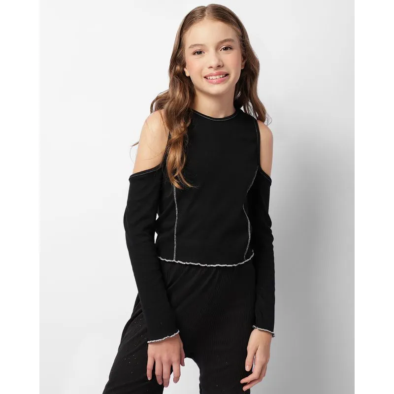 Blusa Juvenil Ombro Com Recortes Vazado Manga Longa Preta 16