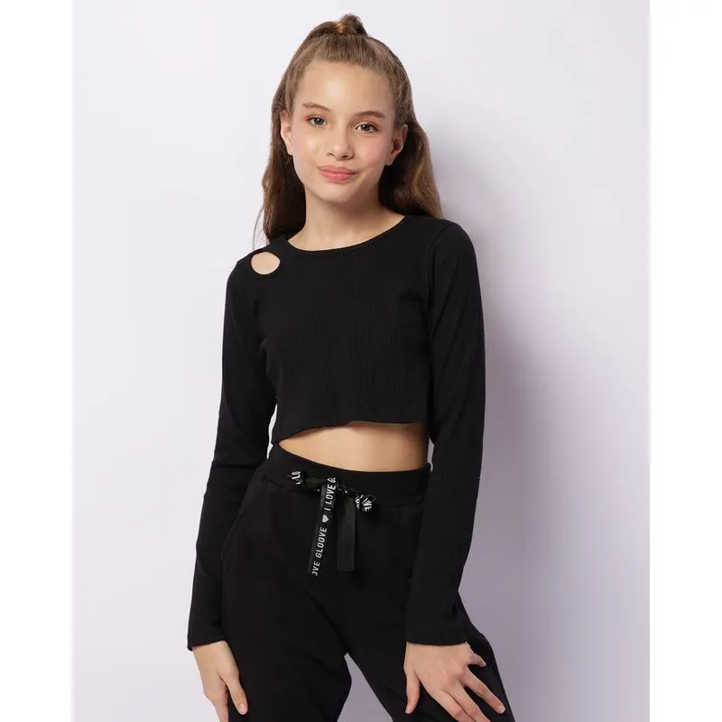 Blusa Juvenil Cropped Canelada Com Recorte Preta 12