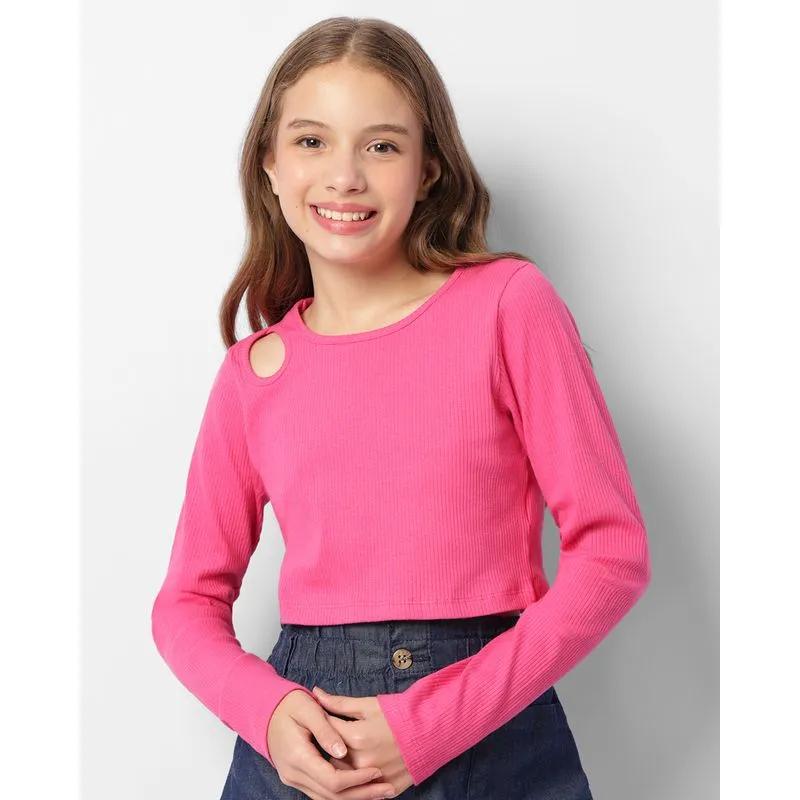 Blusa Juvenil Cropped Canelada Com Recorte Rosa 14
