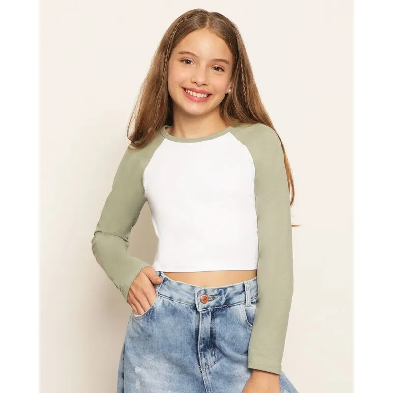 Blusa Juvenil Cropped Manga Longa Raglan Verde 16