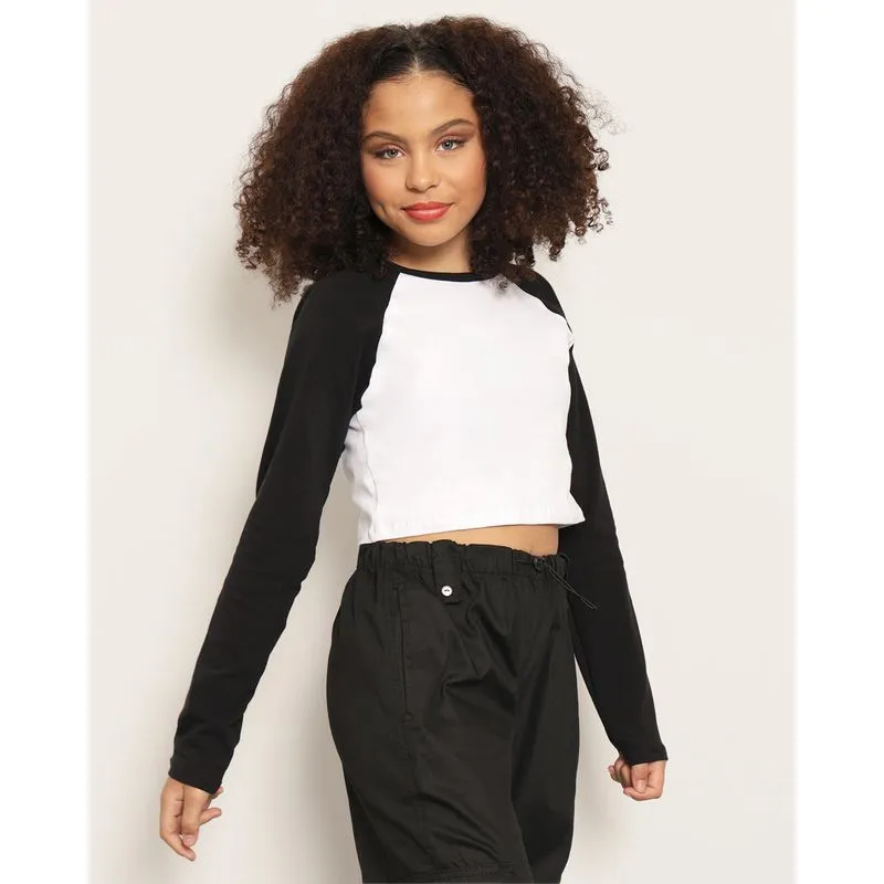 Blusa Juvenil Cropped Manga Longa Raglan Preta 16