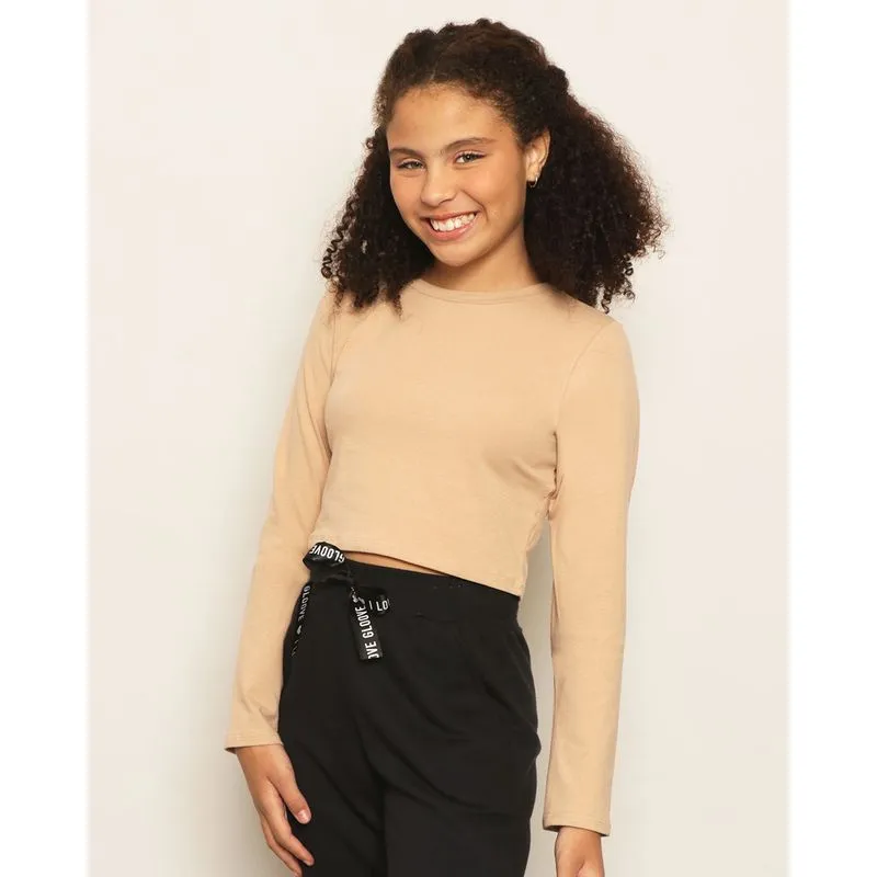Blusa Juvenil Cropped Manga Longa Bege 14