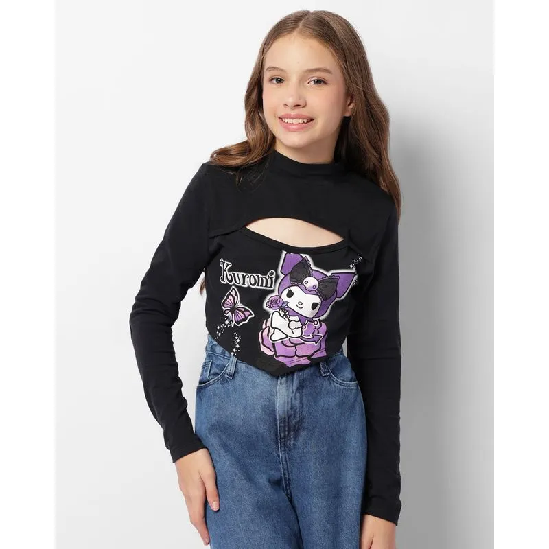 Blusa Juvenil Cropped Kuromi Sanrio Manga Longa Preta 12
