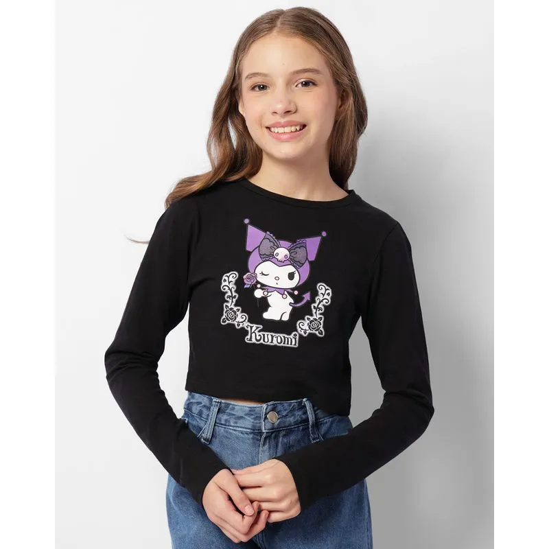 Blusa Juvenil Cropped Kuromi Sanrio Manga Longa Preta 10