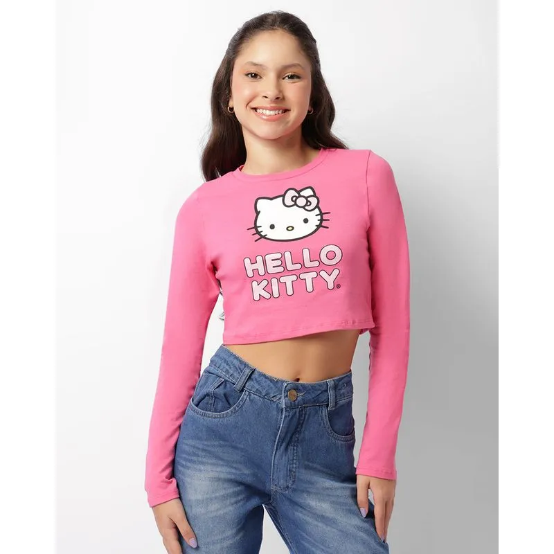 Blusa Juvenil Cropped Manga Longa Hello Kitty Rosa 10