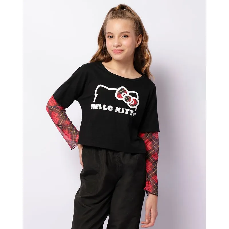 Camiseta Juvenil Hello Kitty Manga Longa Sobreposição Tule Preta 10