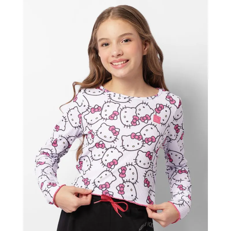 Blusa Juvenil Cropped Hello Kitty Canelada Manga Longa Rosa 10