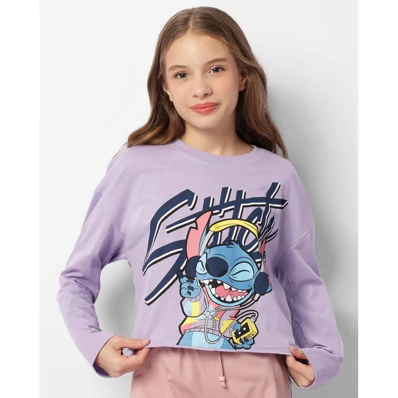 Camiseta Juvenil Cropped Disney Stitch Manga Longa Lilás 14