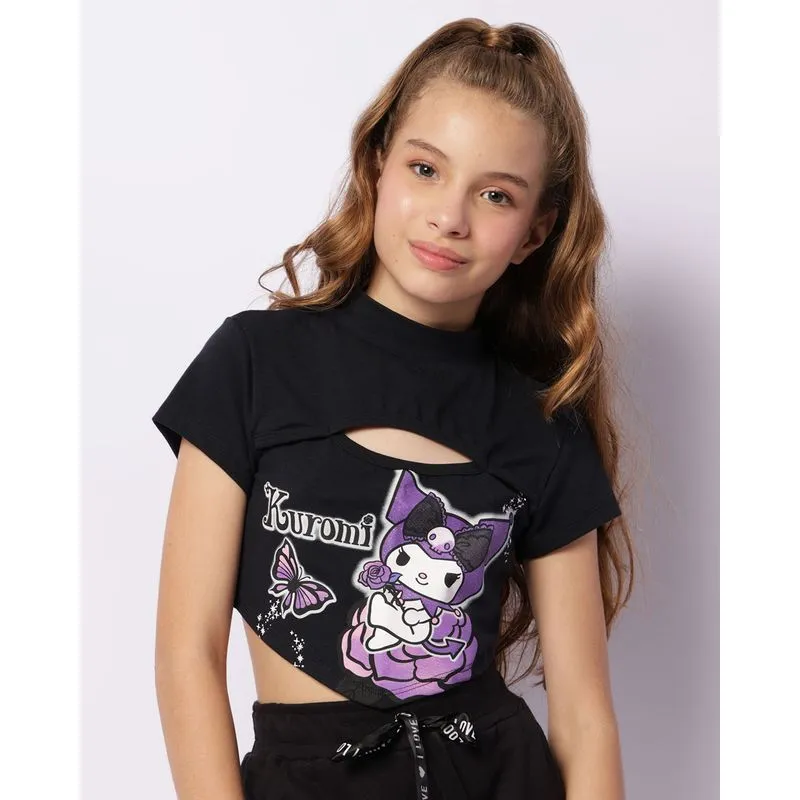 Camiseta Juvenil Cropped Kuromi Hello Kitty Manga Curta Preta 10