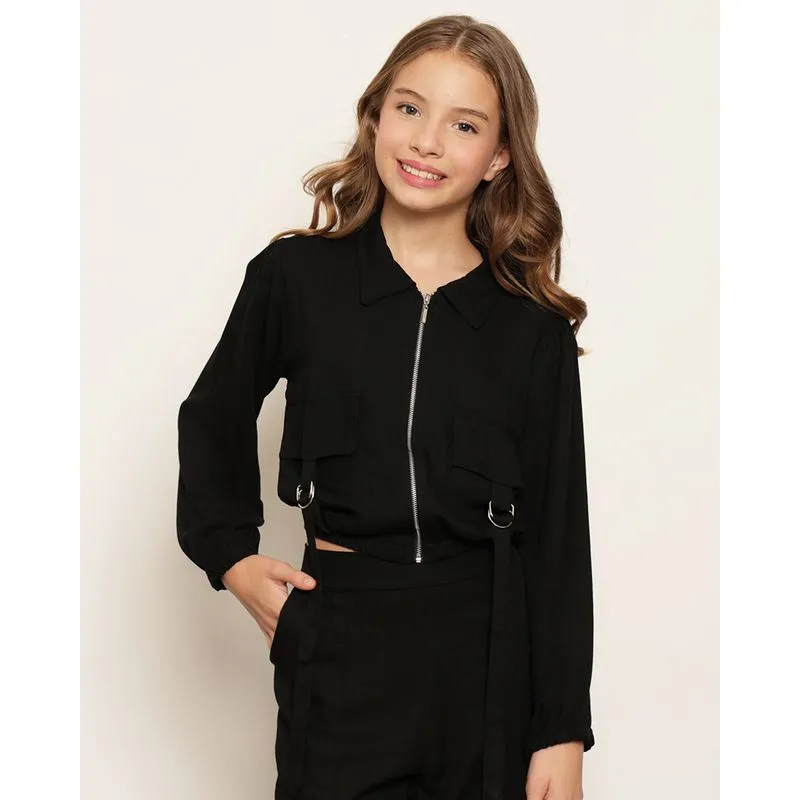 Camisa Juvenil Viscose Cropped Manga Longa Com Bolsos Preta 16