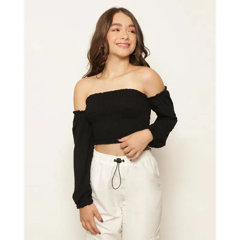 Blusa Juvenil Cropped Lastex Manga Longa Preta 12