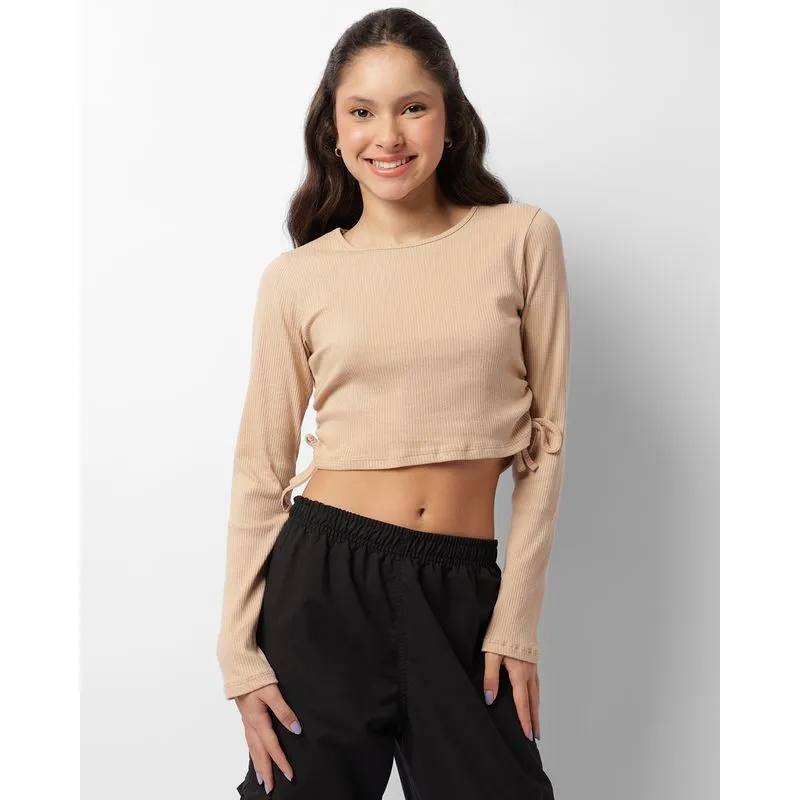 Blusa Juvenil Manga Longa Cropped Canelada Amarração Bege 16