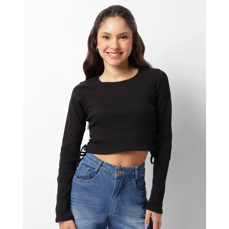 Blusa Juvenil Canelada Cropped Amarração Lateral Preta 12