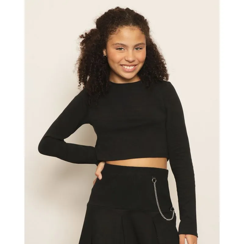 Blusa Juvenil Cropped Manga Longa Preta 14