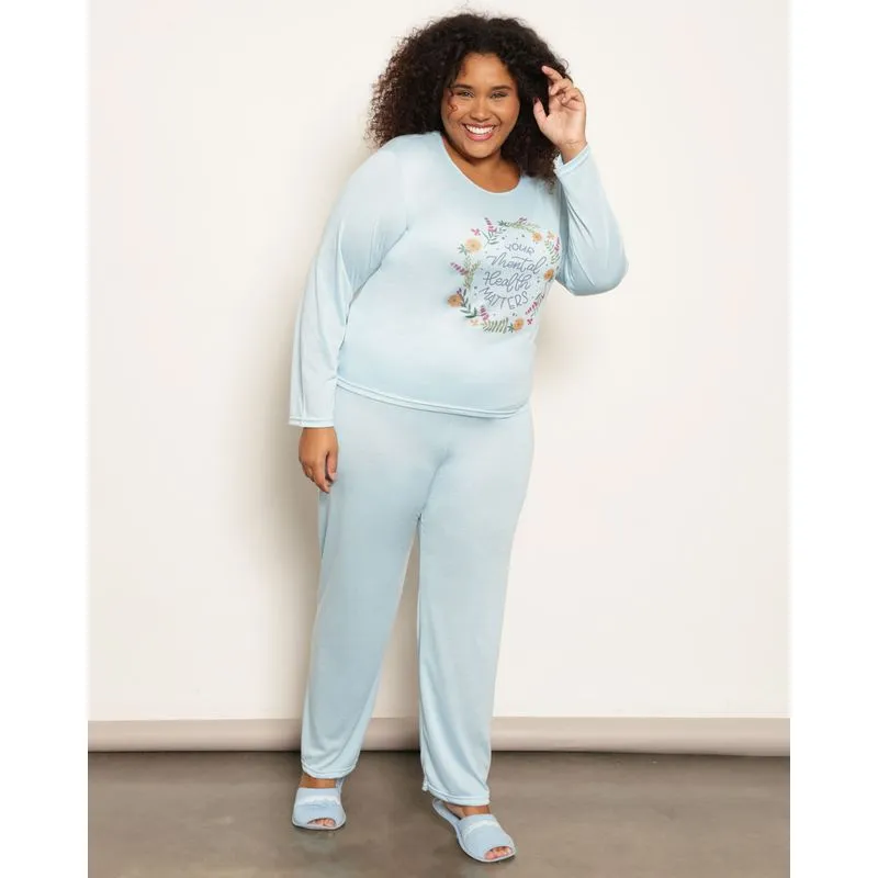 Pijama Plus Size Feminino Estampa Flores Manga Longa Azul 48