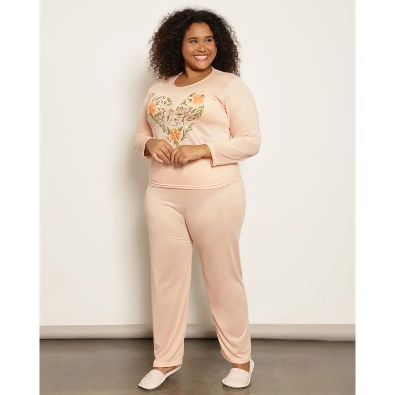 Pijama Plus Size Feminino Estampa Flores Manga Longa Laranja 52