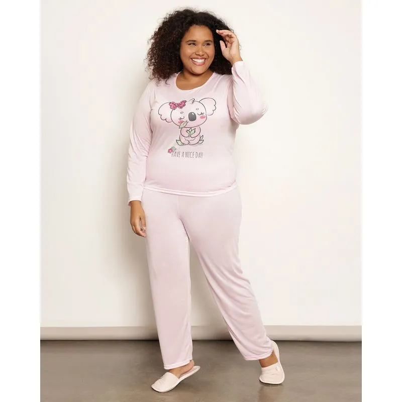 Pijama Plus Size Feminino Estampa Flores Manga Longa Rosa 48