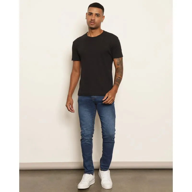 Calça Jeans Masculina Skinny Com Puídos Azul 42