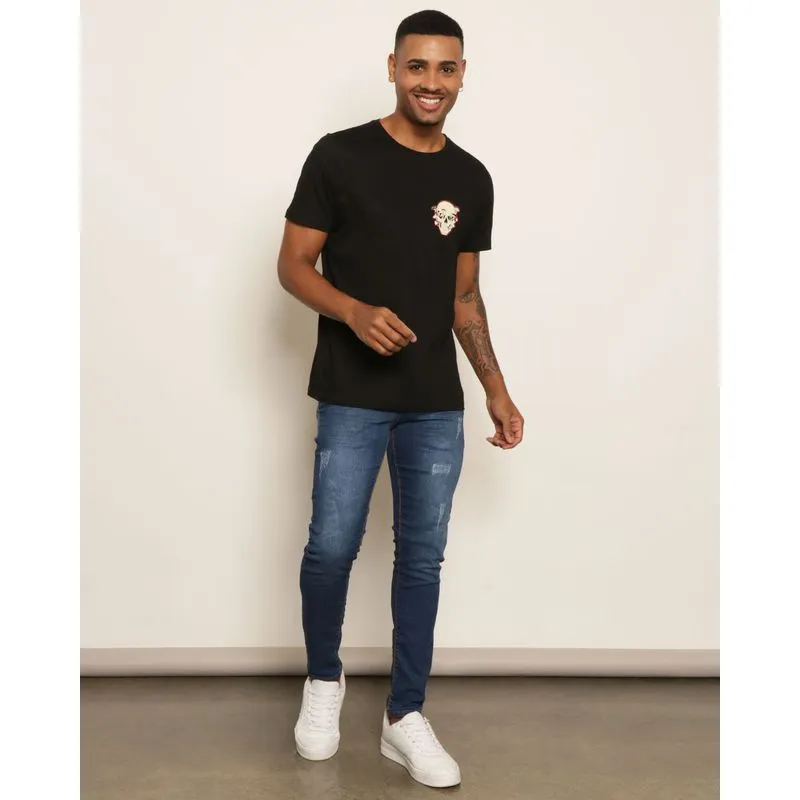 Calça Jeans Masculina Skinny Com Puídos Azul 46