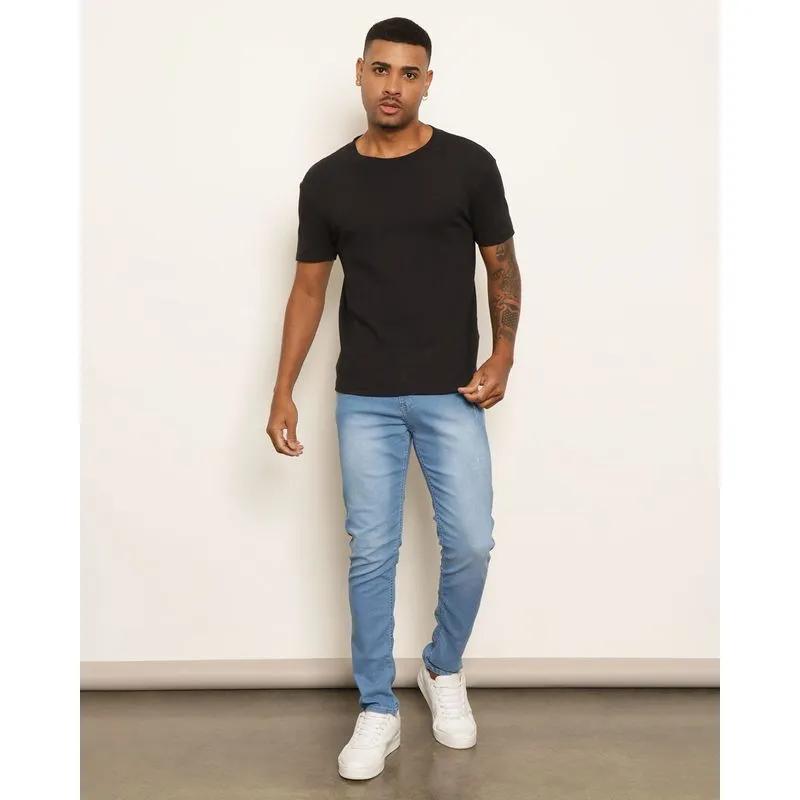 Calça Jeans Masculina Skinny Com Puídos Azul 44