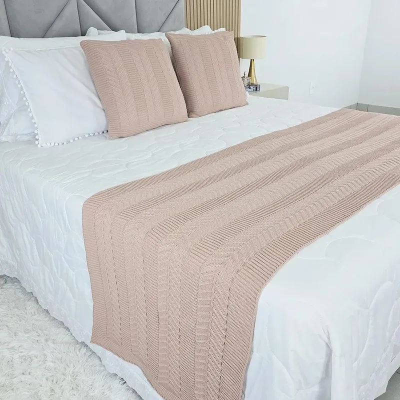 Kit Peseira E Almofadas Tricot Vanvest Cama King 260x60 Rose
