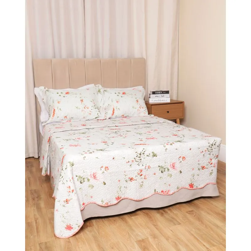 Kit Colcha Casal 3 Peças Corttex Dupla Face Estampada Floral Branca UN