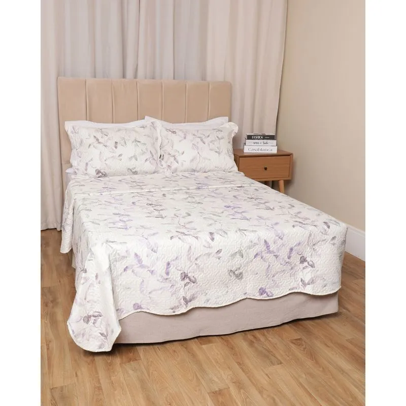 Kit Colcha Casal 3 Peças Corttex Dupla Face Estampa Floral Off White UN