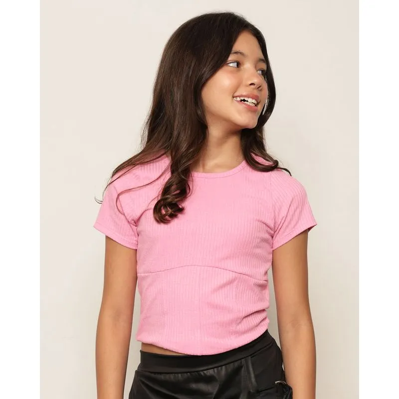 Blusa Cropped Juvenil Canelada Com Recortes Manga Curta Rosa 16