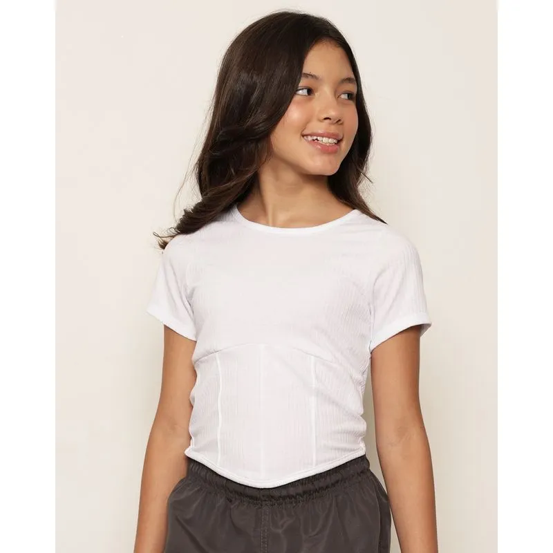 Blusa Cropped Juvenil Canelada Com Recortes Manga Curta Branco 10