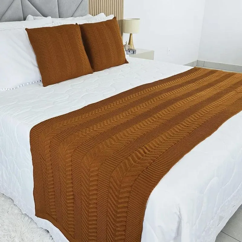 Kit Peseira E Almofadas Tricot Vanvest Cama Ki Âmbar Dourado