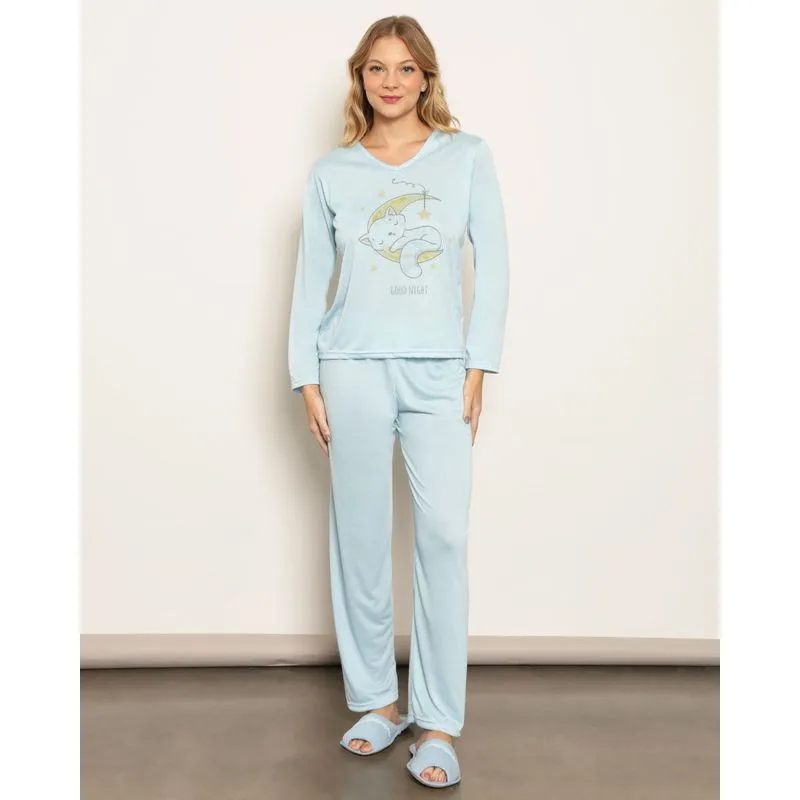Pijama Feminino Longo Estampa Gatinho Azul M