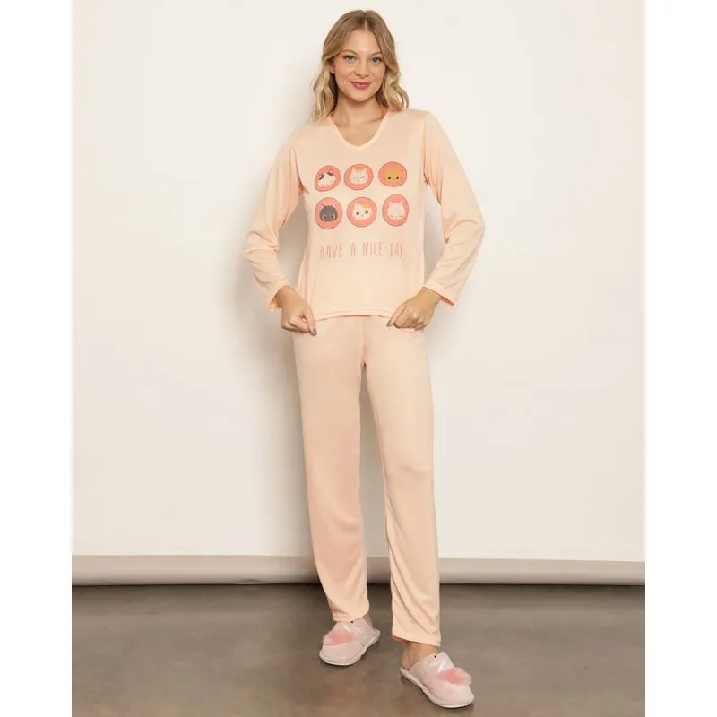Pijama Feminino Longo Estampa Gatinho Laranja GG